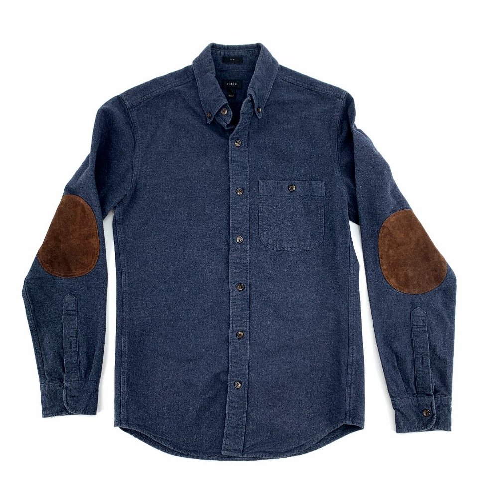 Men's J.Crew Thick Long Sleeve Button Down Blue Slim Cotton Shirt Leather Elbows
